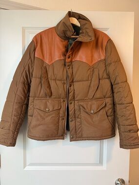 Men's Brown Puffer Jacket with Leather Chest Yoke